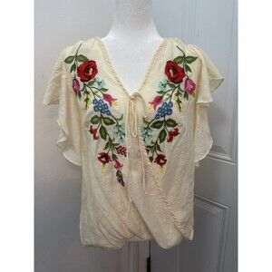 Umgee Top Womens Small Off White Embroidered Floral Ruffle Boho Artsy Romantic‎